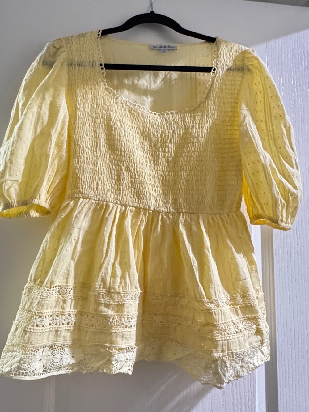 Yellow Smocked Cotton Peasant Blouse